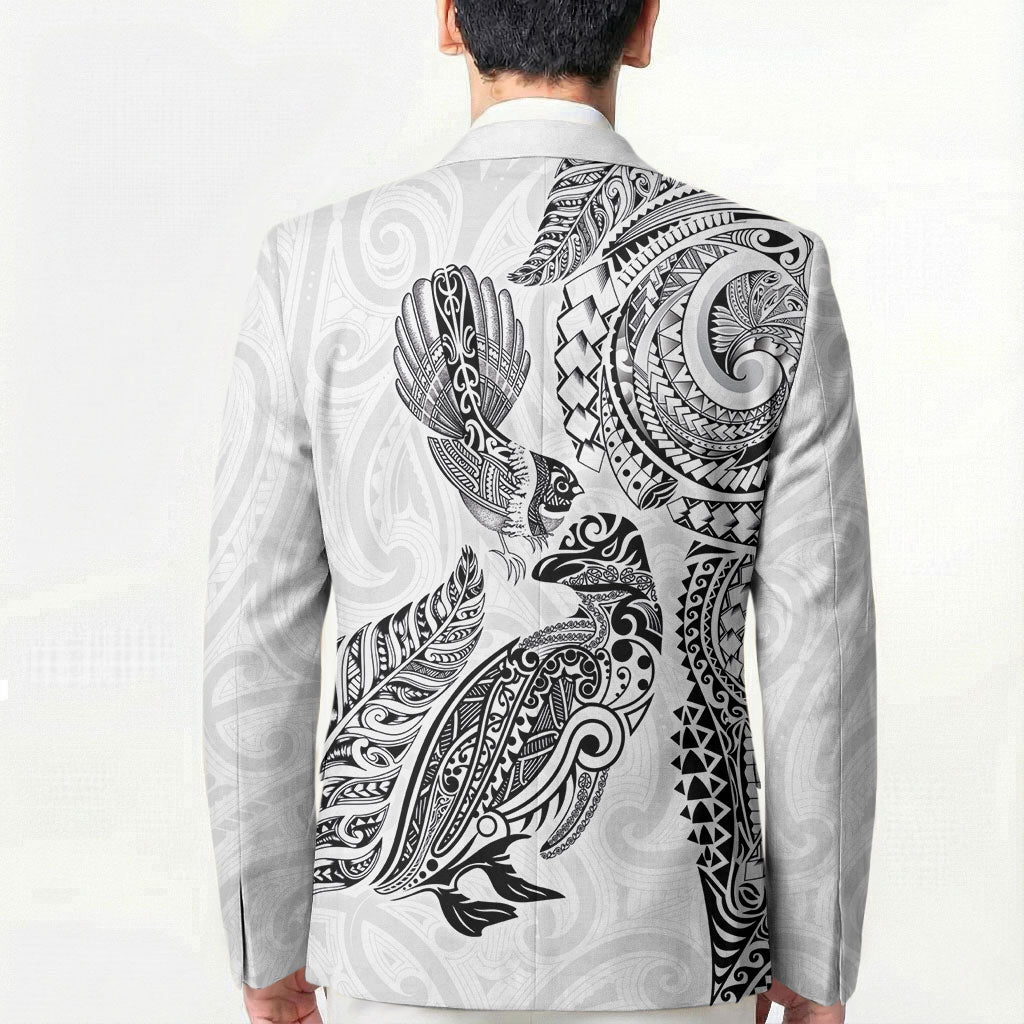 Aotearoa Moko Tribal Tattoo Blazer New Zealand Maori Penguin and Fantail White Color
