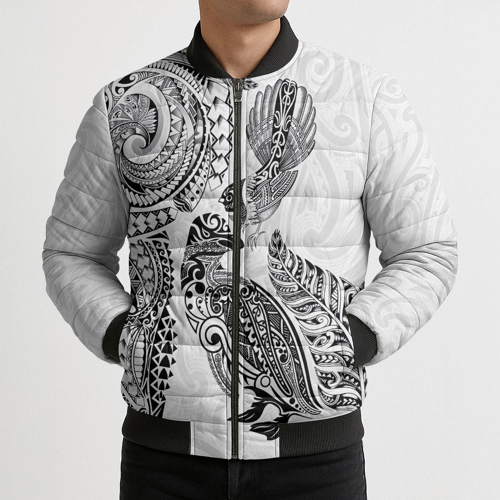 Aotearoa Moko Tribal Tattoo Bomber Puffer Jacket New Zealand Maori Penguin and Fantail White Color