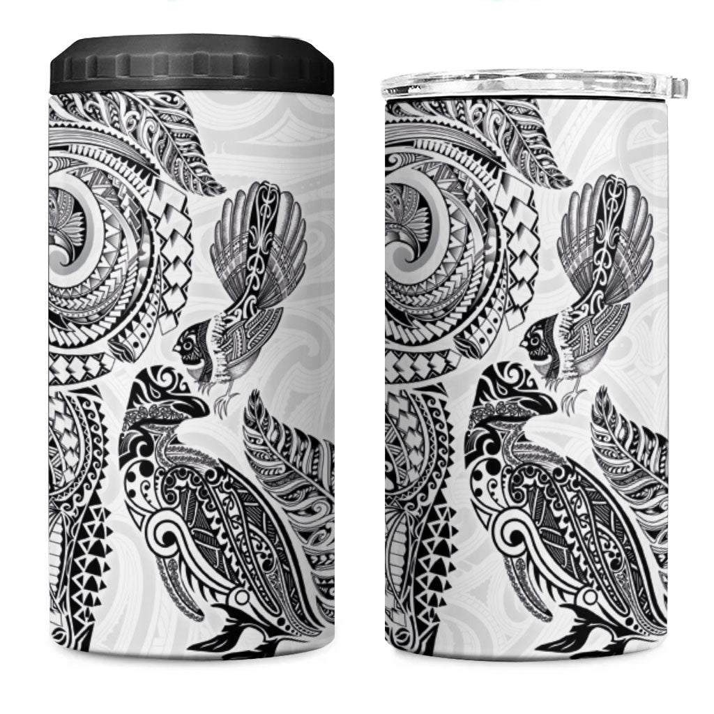 Aotearoa Moko Tribal Tattoo 4 in 1 Can Cooler Tumbler New Zealand Maori Penguin and Fantail White Color
