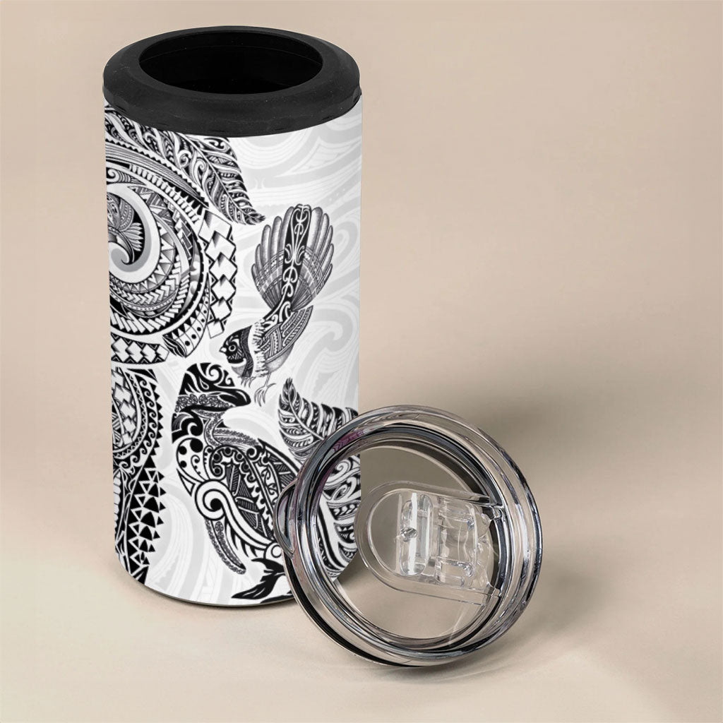 Aotearoa Moko Tribal Tattoo 4 in 1 Can Cooler Tumbler New Zealand Maori Penguin and Fantail White Color