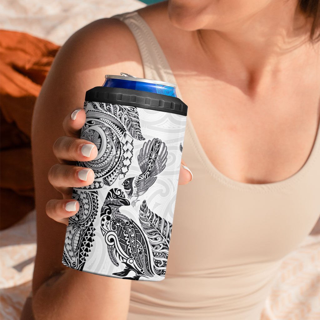 Aotearoa Moko Tribal Tattoo 4 in 1 Can Cooler Tumbler New Zealand Maori Penguin and Fantail White Color