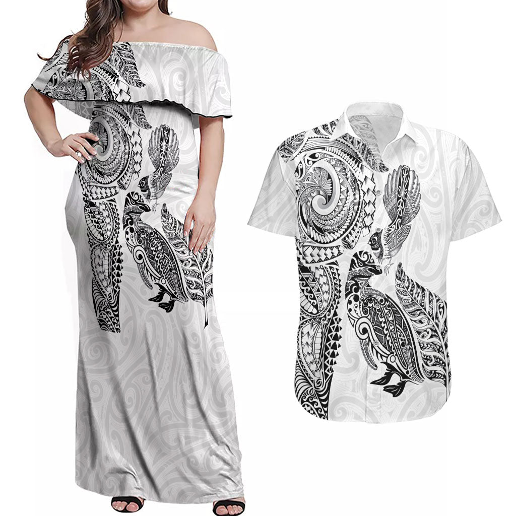 Aotearoa Moko Tribal Tattoo Couples Matching Off Shoulder Maxi Dress and Hawaiian Shirt New Zealand Maori Penguin and Fantail White Color