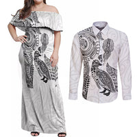 Aotearoa Moko Tribal Tattoo Couples Matching Off Shoulder Maxi Dress and Long Sleeve Button Shirt New Zealand Maori Penguin and Fantail White Color