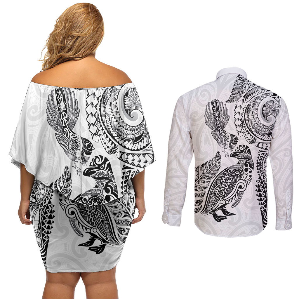 Aotearoa Moko Tribal Tattoo Couples Matching Off Shoulder Short Dress and Long Sleeve Button Shirt New Zealand Maori Penguin and Fantail White Color