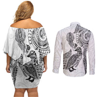 Aotearoa Moko Tribal Tattoo Couples Matching Off Shoulder Short Dress and Long Sleeve Button Shirt New Zealand Maori Penguin and Fantail White Color