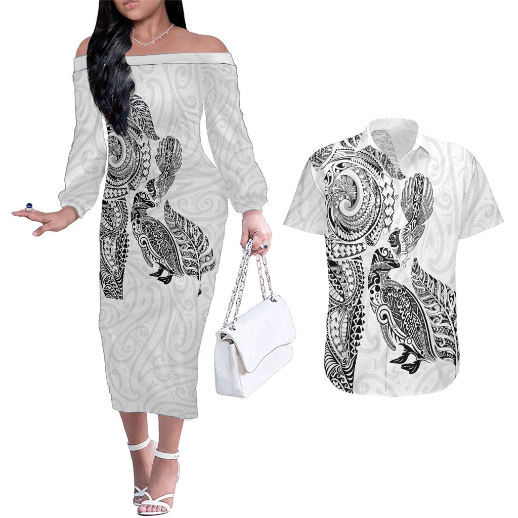 Aotearoa Moko Tribal Tattoo Couples Matching Off The Shoulder Long Sleeve Dress and Hawaiian Shirt New Zealand Maori Penguin and Fantail White Color