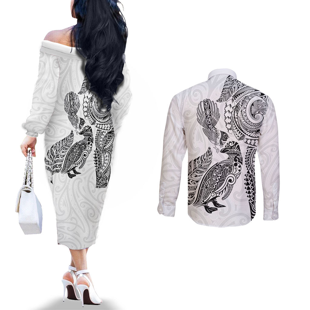 Aotearoa Moko Tribal Tattoo Couples Matching Off The Shoulder Long Sleeve Dress and Long Sleeve Button Shirt New Zealand Maori Penguin and Fantail White Color