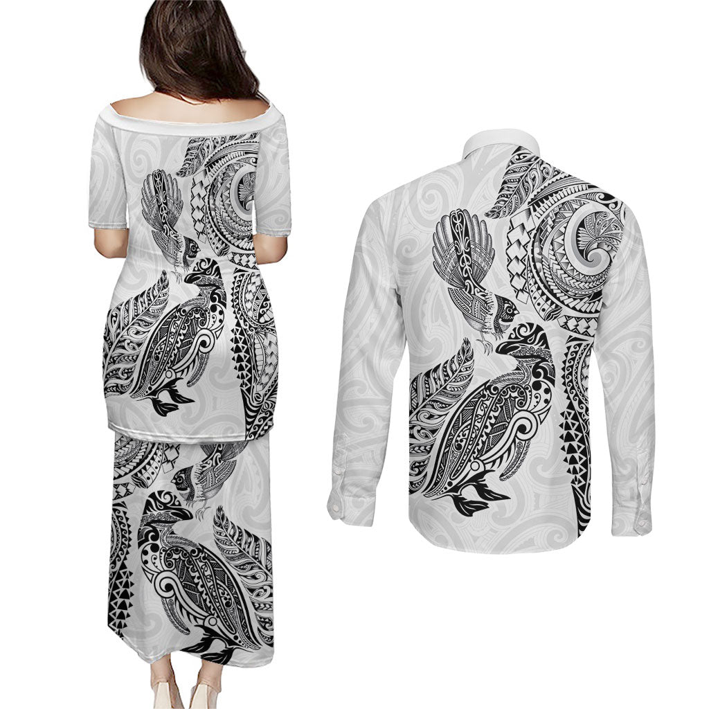 Aotearoa Moko Tribal Tattoo Couples Matching Puletasi and Long Sleeve Button Shirt New Zealand Maori Penguin and Fantail White Color