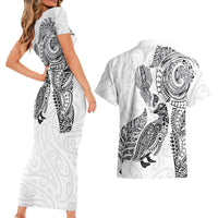 Aotearoa Moko Tribal Tattoo Couples Matching Short Sleeve Bodycon Dress and Hawaiian Shirt New Zealand Maori Penguin and Fantail White Color
