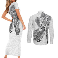 Aotearoa Moko Tribal Tattoo Couples Matching Short Sleeve Bodycon Dress and Long Sleeve Button Shirt New Zealand Maori Penguin and Fantail White Color
