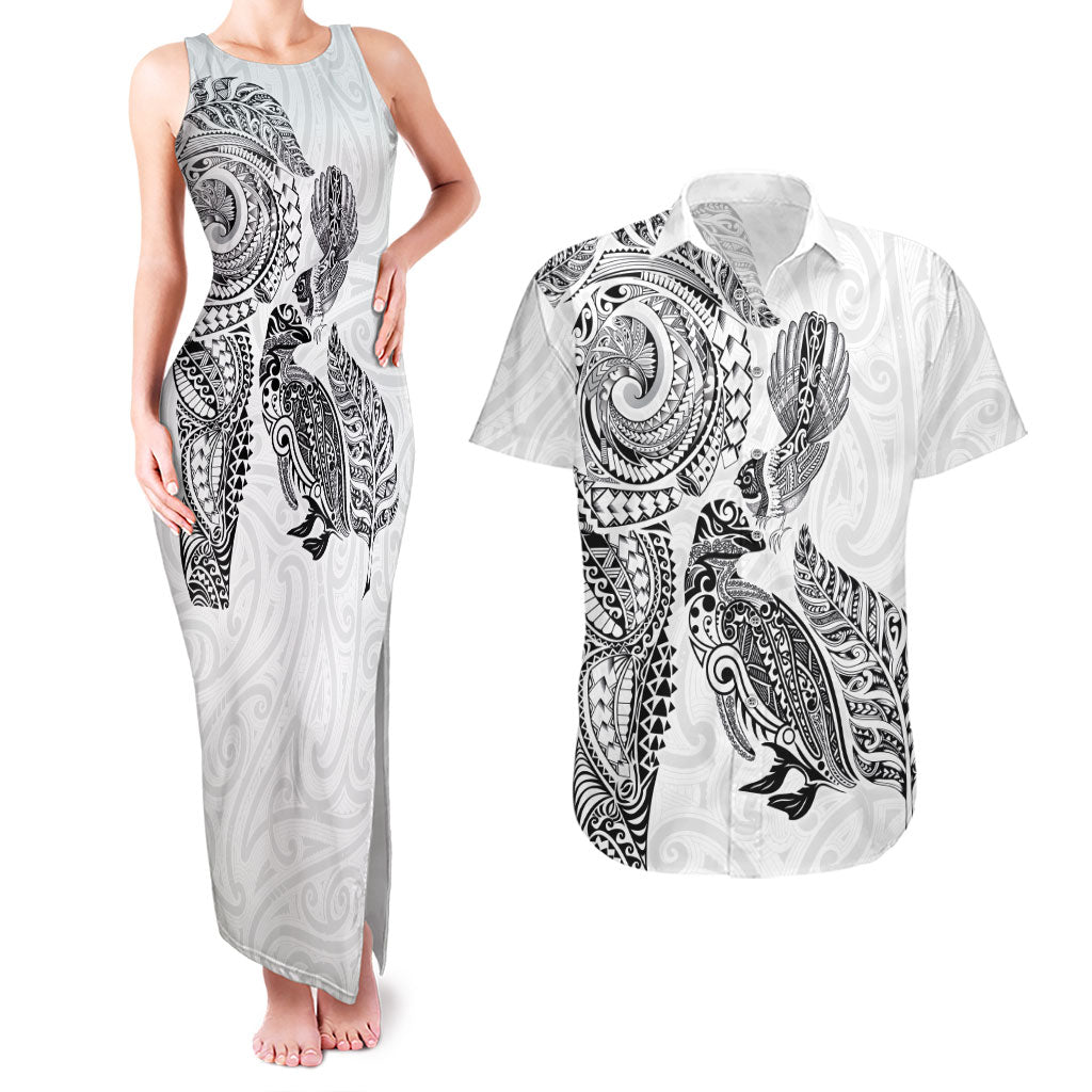Aotearoa Moko Tribal Tattoo Couples Matching Tank Maxi Dress and Hawaiian Shirt New Zealand Maori Penguin and Fantail White Color