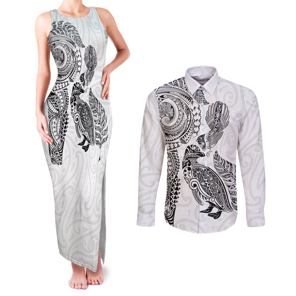 Aotearoa Moko Tribal Tattoo Couples Matching Tank Maxi Dress and Long Sleeve Button Shirt New Zealand Maori Penguin and Fantail White Color