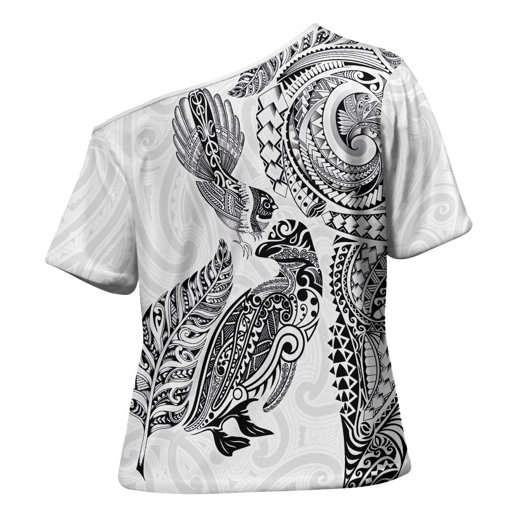 Aotearoa Moko Tribal Tattoo Cross Shoulder Shirt New Zealand Maori Penguin and Fantail White Color