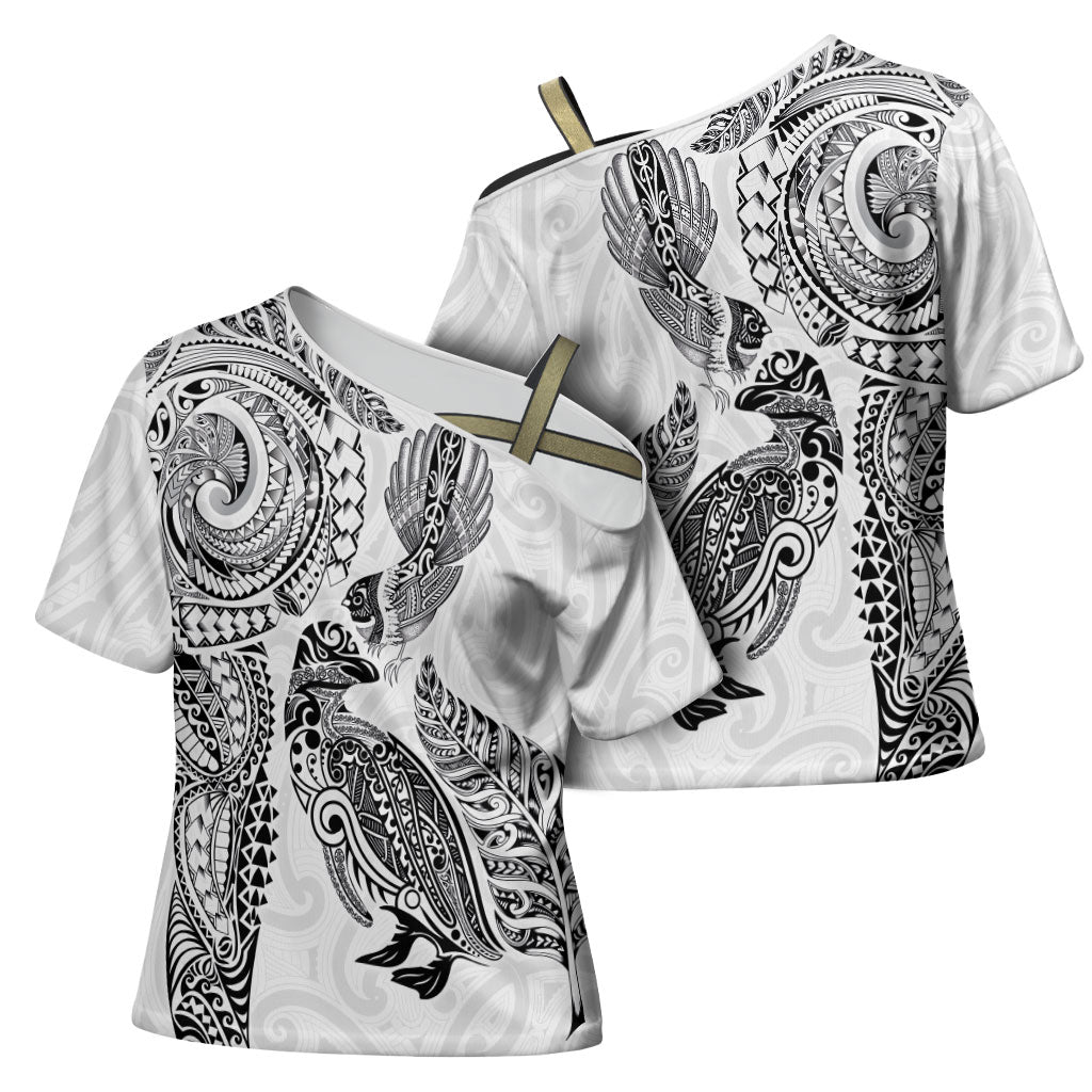 Aotearoa Moko Tribal Tattoo Cross Shoulder Shirt New Zealand Maori Penguin and Fantail White Color