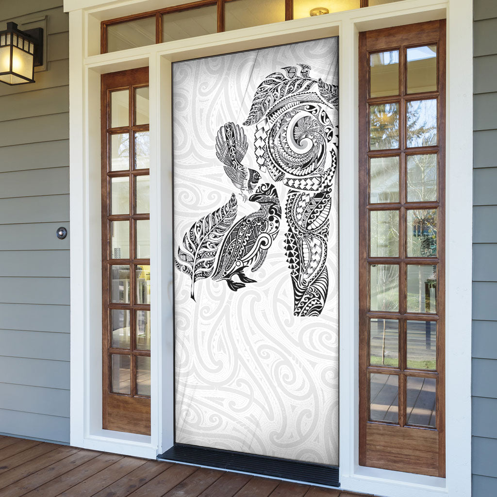 Aotearoa Moko Tribal Tattoo Door Cover New Zealand Maori Penguin and Fantail White Color
