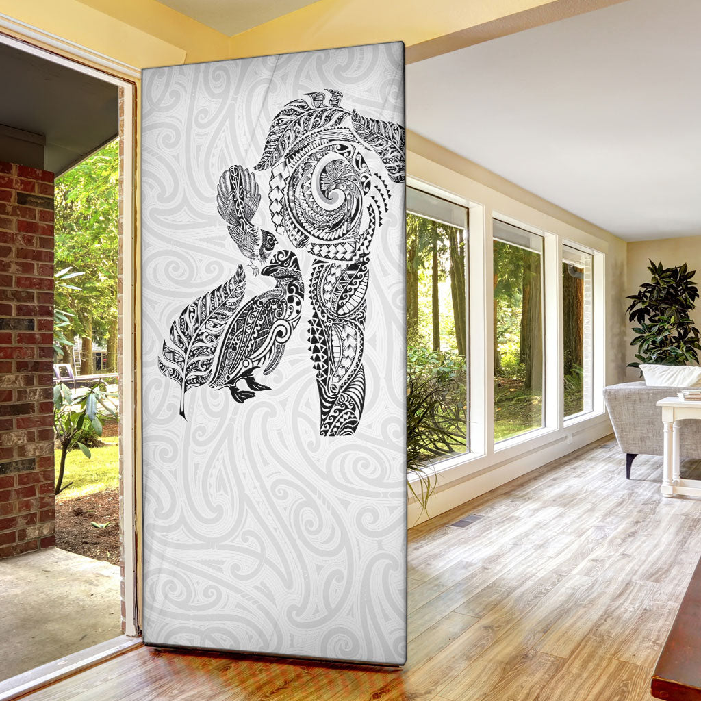 Aotearoa Moko Tribal Tattoo Door Cover New Zealand Maori Penguin and Fantail White Color