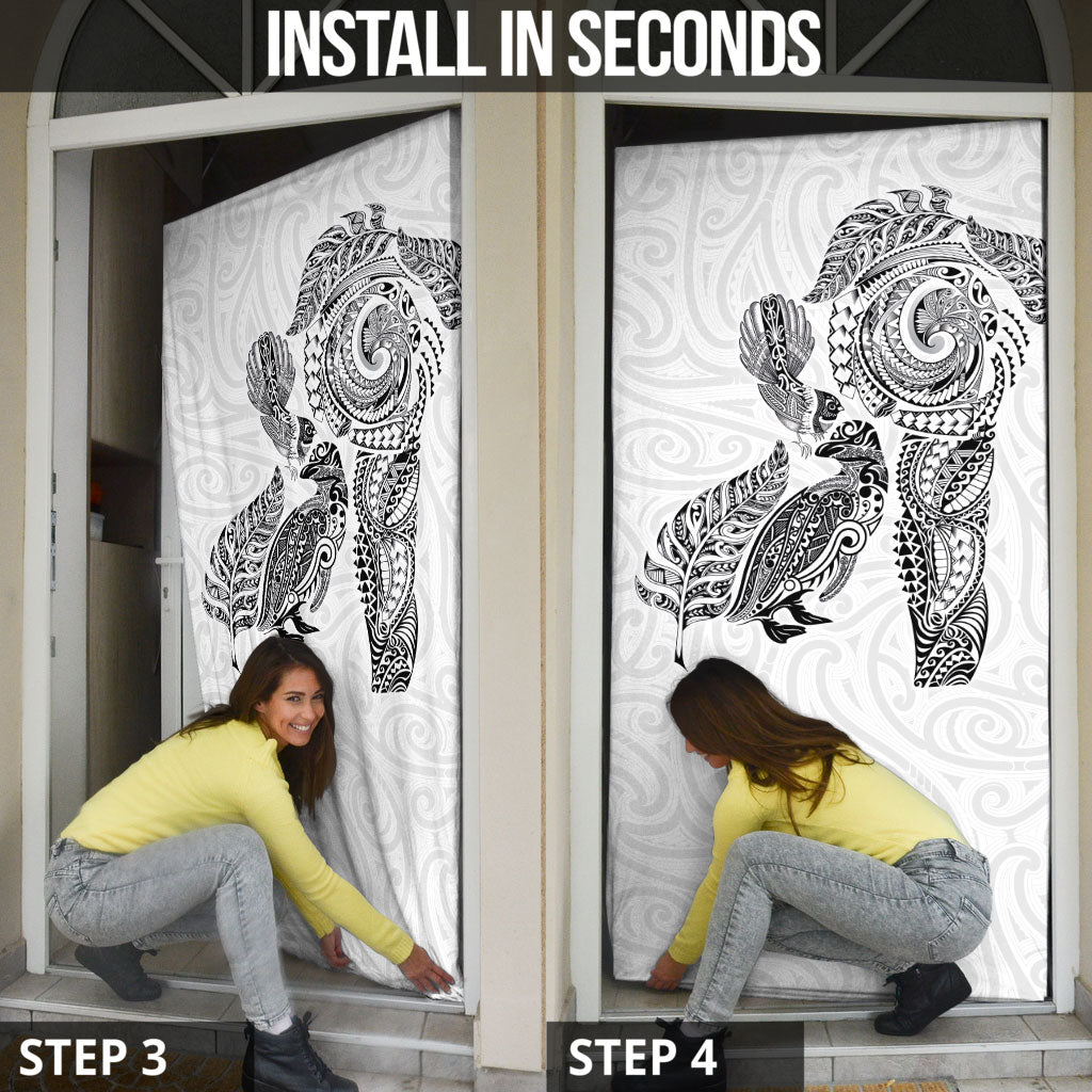 Aotearoa Moko Tribal Tattoo Door Cover New Zealand Maori Penguin and Fantail White Color