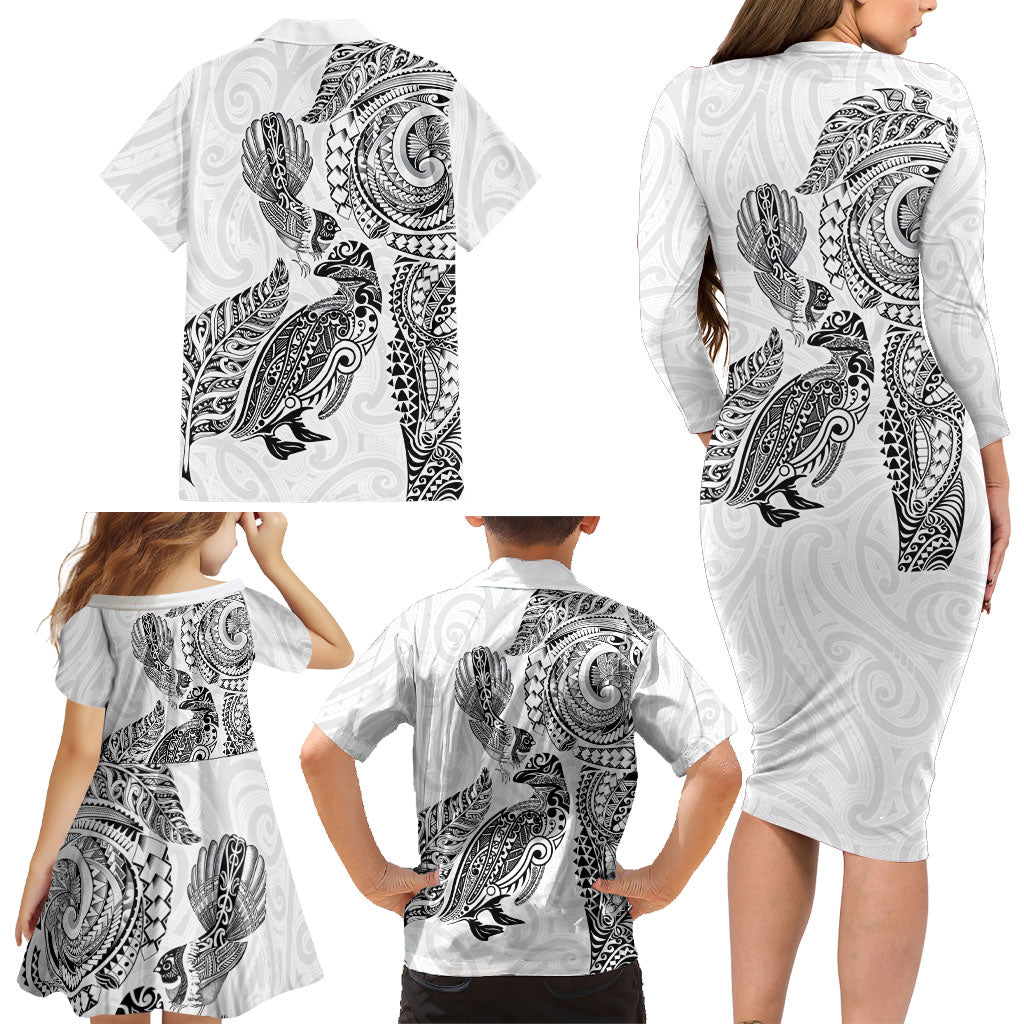 Aotearoa Moko Tribal Tattoo Family Matching Long Sleeve Bodycon Dress and Hawaiian Shirt New Zealand Maori Penguin and Fantail White Color