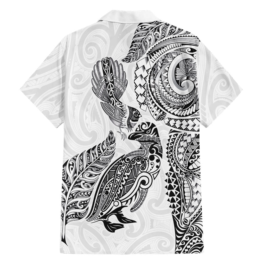 Aotearoa Moko Tribal Tattoo Family Matching Long Sleeve Bodycon Dress and Hawaiian Shirt New Zealand Maori Penguin and Fantail White Color