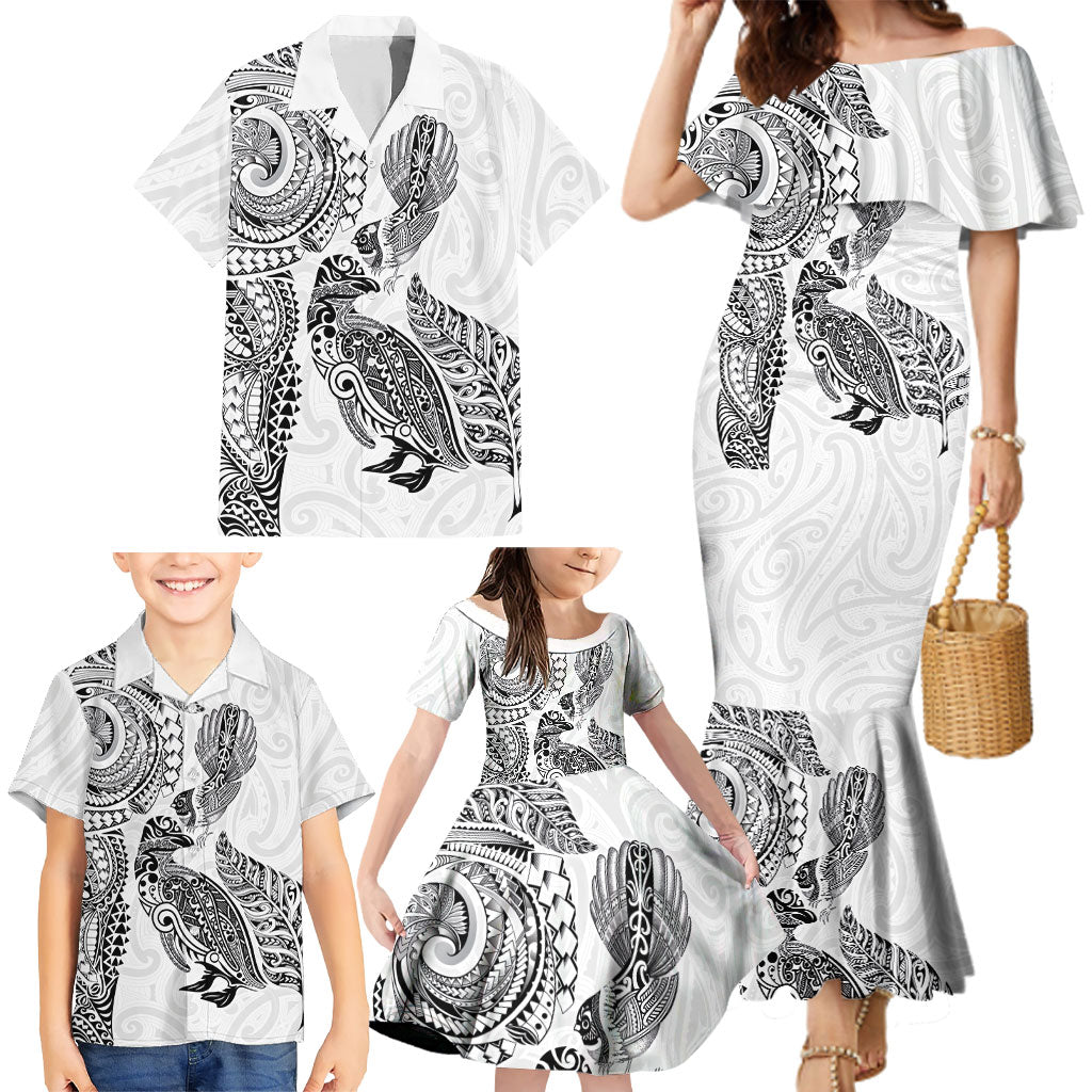 Aotearoa Moko Tribal Tattoo Family Matching Mermaid Dress and Hawaiian Shirt New Zealand Maori Penguin and Fantail White Color