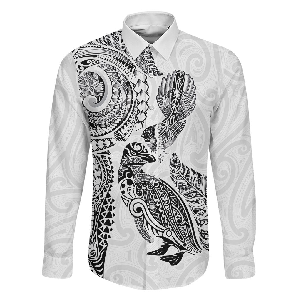 Aotearoa Moko Tribal Tattoo Family Matching Off The Shoulder Long Sleeve Dress and Hawaiian Shirt New Zealand Maori Penguin and Fantail White Color