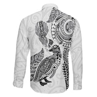 Aotearoa Moko Tribal Tattoo Family Matching Off The Shoulder Long Sleeve Dress and Hawaiian Shirt New Zealand Maori Penguin and Fantail White Color