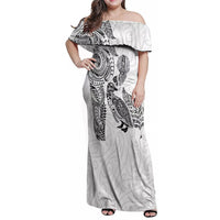 Aotearoa Moko Tribal Tattoo Family Matching Off Shoulder Maxi Dress and Hawaiian Shirt New Zealand Maori Penguin and Fantail White Color
