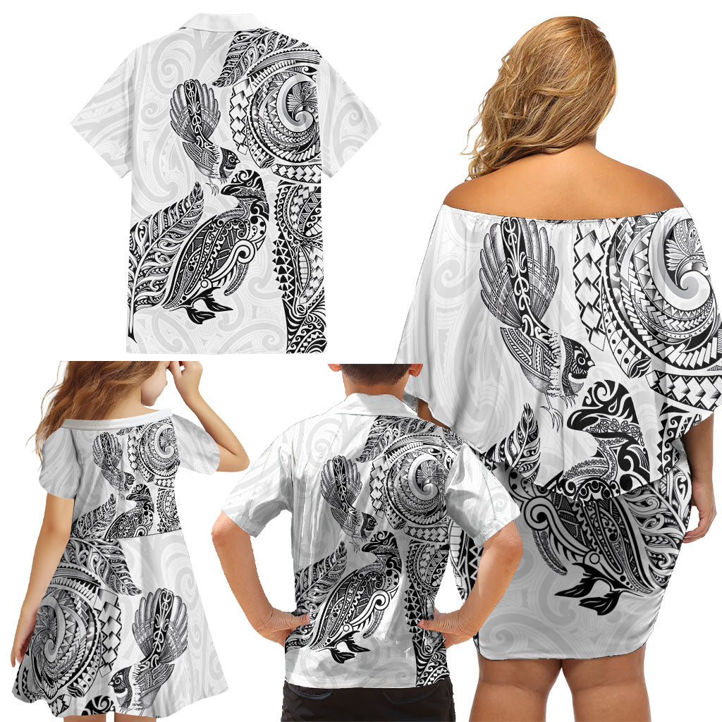 Aotearoa Moko Tribal Tattoo Family Matching Off Shoulder Short Dress and Hawaiian Shirt New Zealand Maori Penguin and Fantail White Color