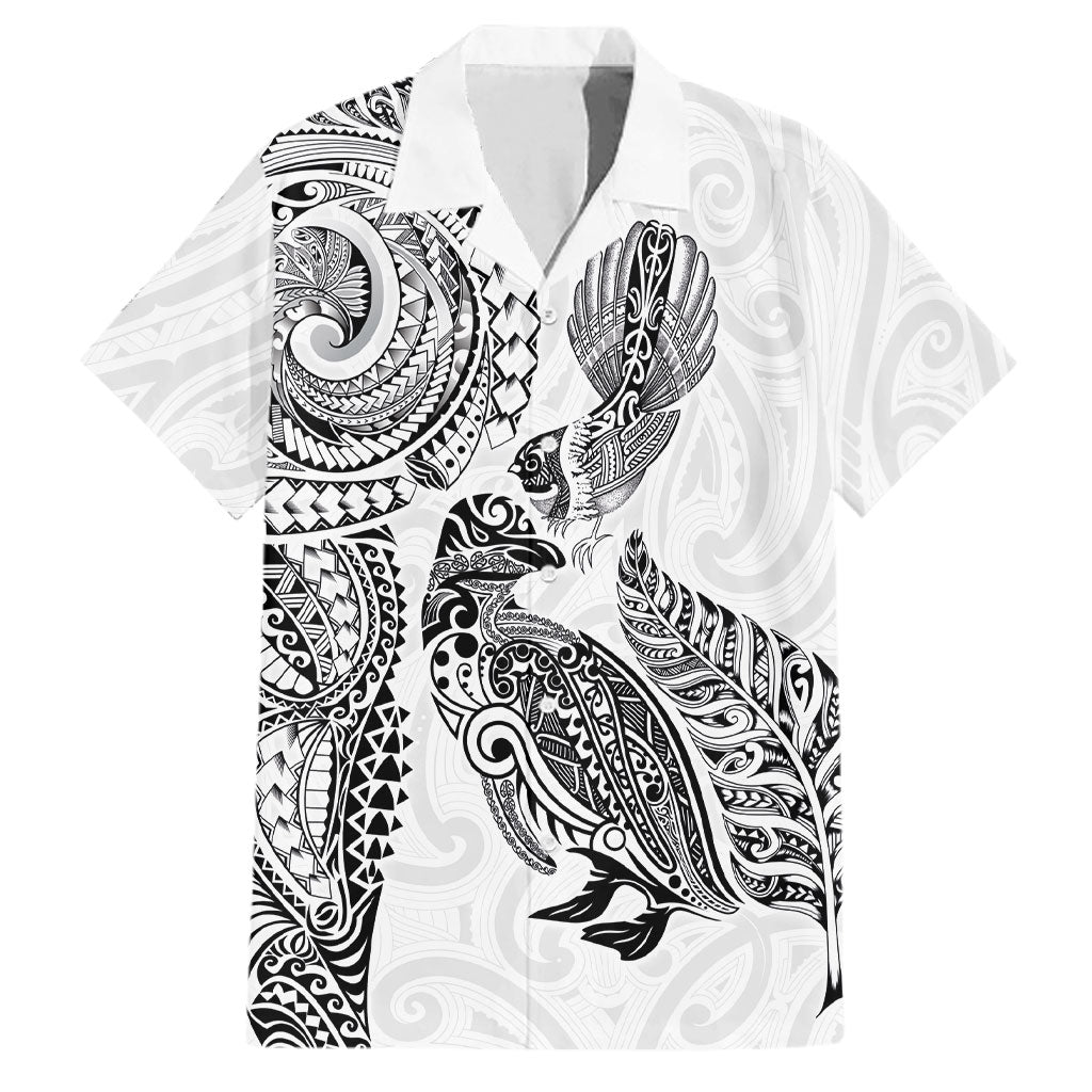 Aotearoa Moko Tribal Tattoo Family Matching Short Sleeve Bodycon Dress and Hawaiian Shirt New Zealand Maori Penguin and Fantail White Color