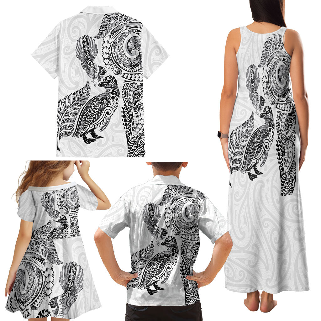 Aotearoa Moko Tribal Tattoo Family Matching Tank Maxi Dress and Hawaiian Shirt New Zealand Maori Penguin and Fantail White Color