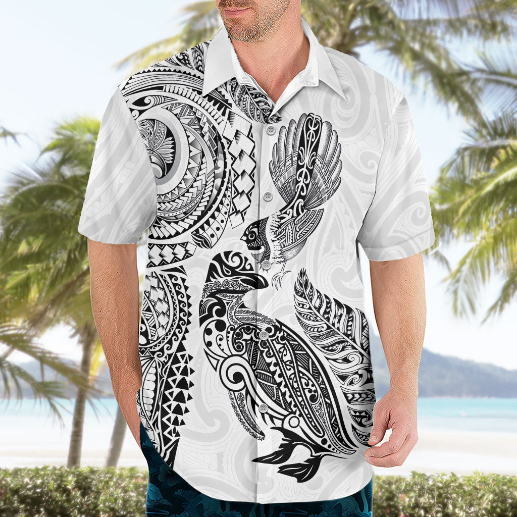 Aotearoa Moko Tribal Tattoo Hawaiian Shirt New Zealand Maori Penguin and Fantail White Color