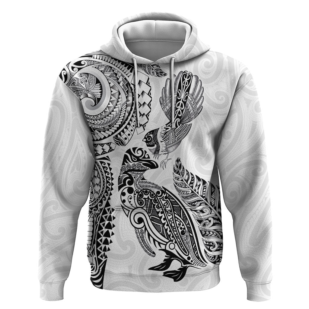 Aotearoa Moko Tribal Tattoo Hoodie New Zealand Maori Penguin and Fantail White Color