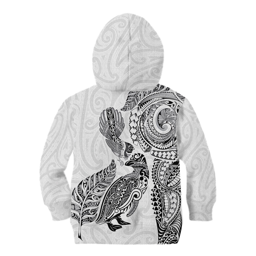 Aotearoa Moko Tribal Tattoo Kid Hoodie New Zealand Maori Penguin and Fantail White Color