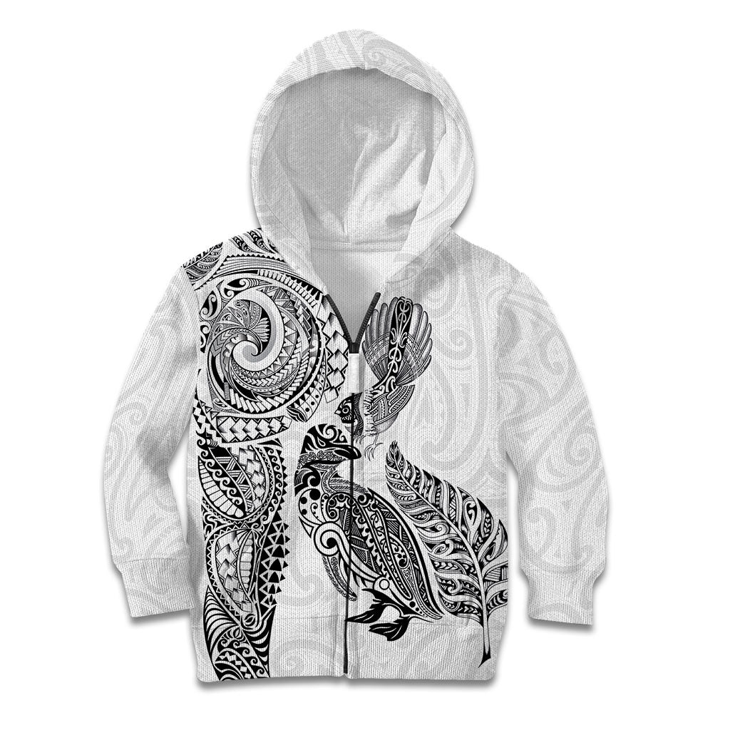 Aotearoa Moko Tribal Tattoo Kid Hoodie New Zealand Maori Penguin and Fantail White Color
