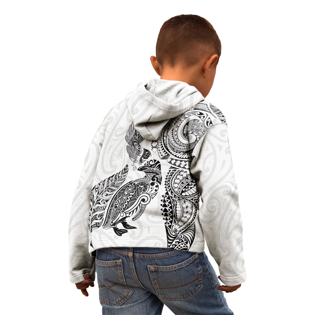 Aotearoa Moko Tribal Tattoo Kid Hoodie New Zealand Maori Penguin and Fantail White Color