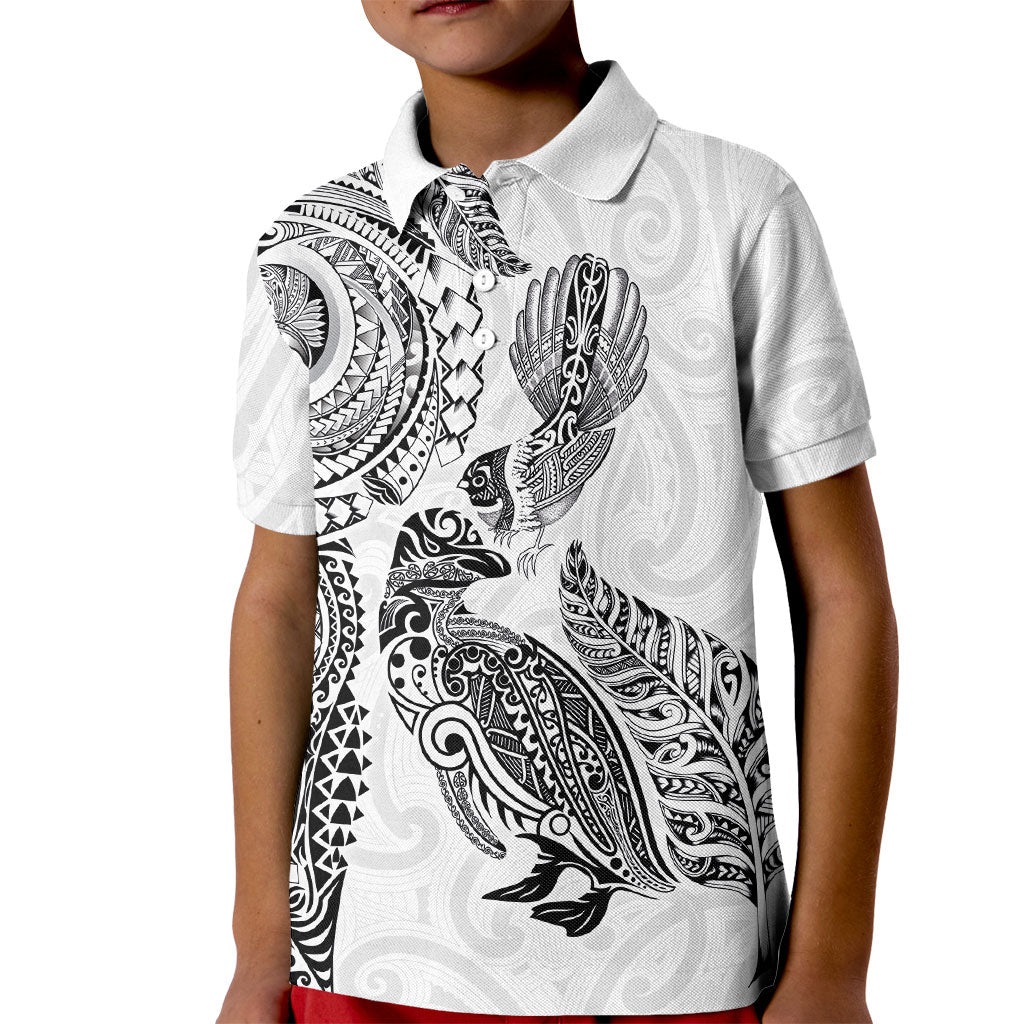 Aotearoa Moko Tribal Tattoo Kid Polo Shirt New Zealand Maori Penguin and Fantail White Color