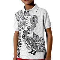 Aotearoa Moko Tribal Tattoo Kid Polo Shirt New Zealand Maori Penguin and Fantail White Color