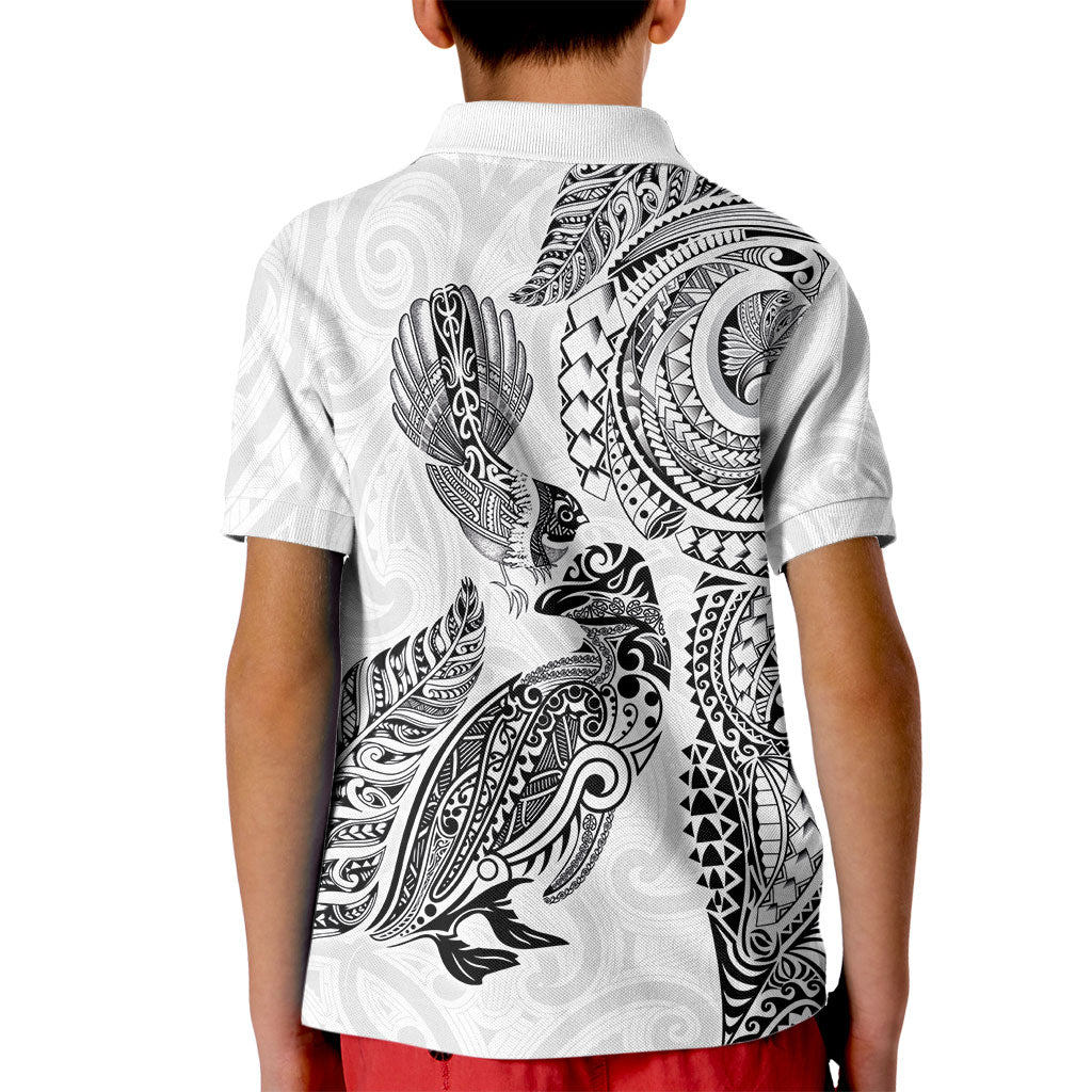 Aotearoa Moko Tribal Tattoo Kid Polo Shirt New Zealand Maori Penguin and Fantail White Color