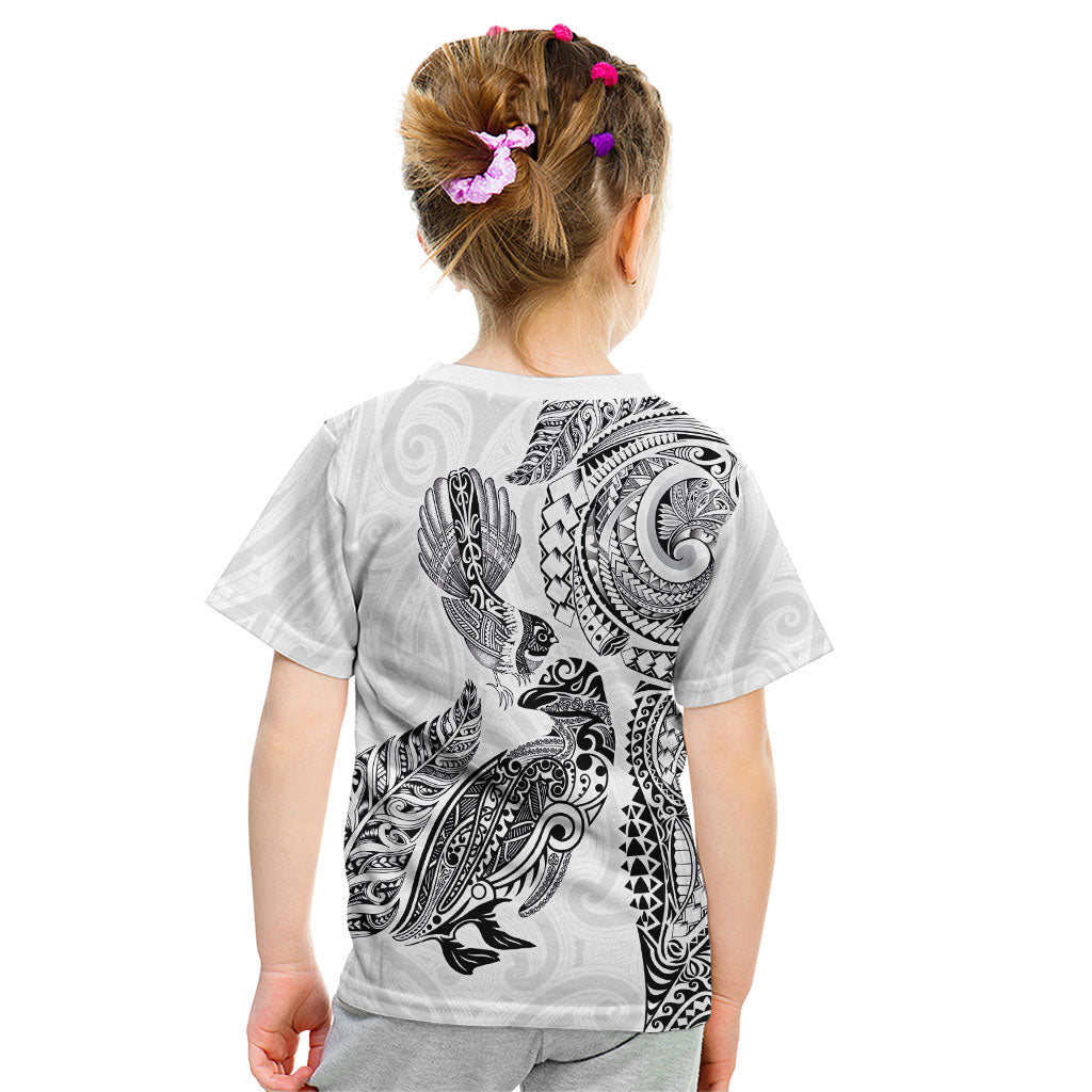 Aotearoa Moko Tribal Tattoo Kid T Shirt New Zealand Maori Penguin and Fantail White Color