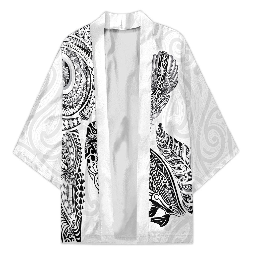 Aotearoa Moko Tribal Tattoo Kimono New Zealand Maori Penguin and Fantail White Color