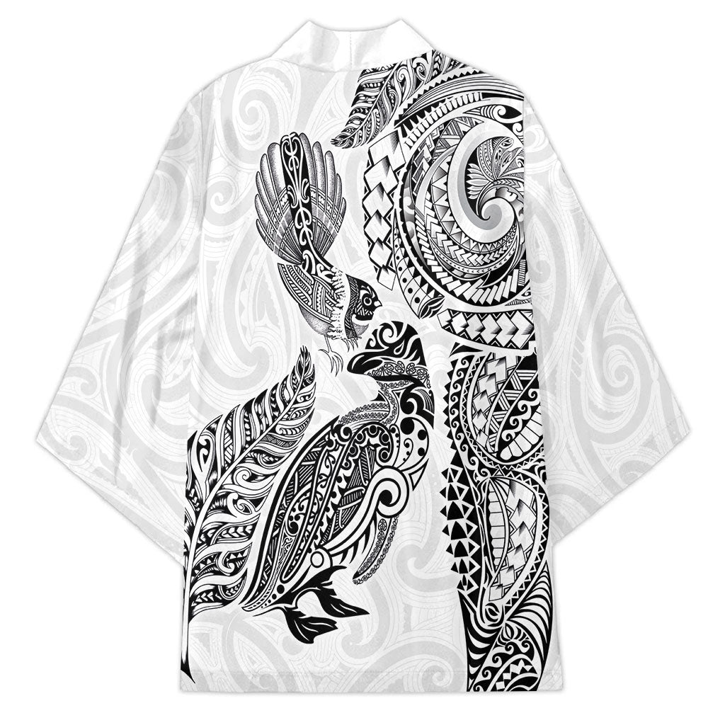 Aotearoa Moko Tribal Tattoo Kimono New Zealand Maori Penguin and Fantail White Color
