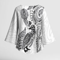 Aotearoa Moko Tribal Tattoo Kimono Sleeve Blouse New Zealand Maori Penguin and Fantail White Color