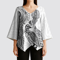 Aotearoa Moko Tribal Tattoo Kimono Sleeve Blouse New Zealand Maori Penguin and Fantail White Color