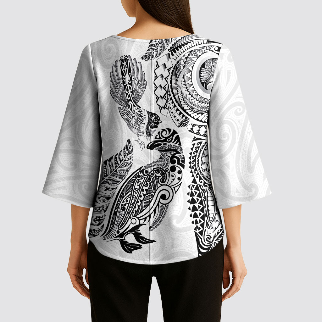 Aotearoa Moko Tribal Tattoo Kimono Sleeve Blouse New Zealand Maori Penguin and Fantail White Color