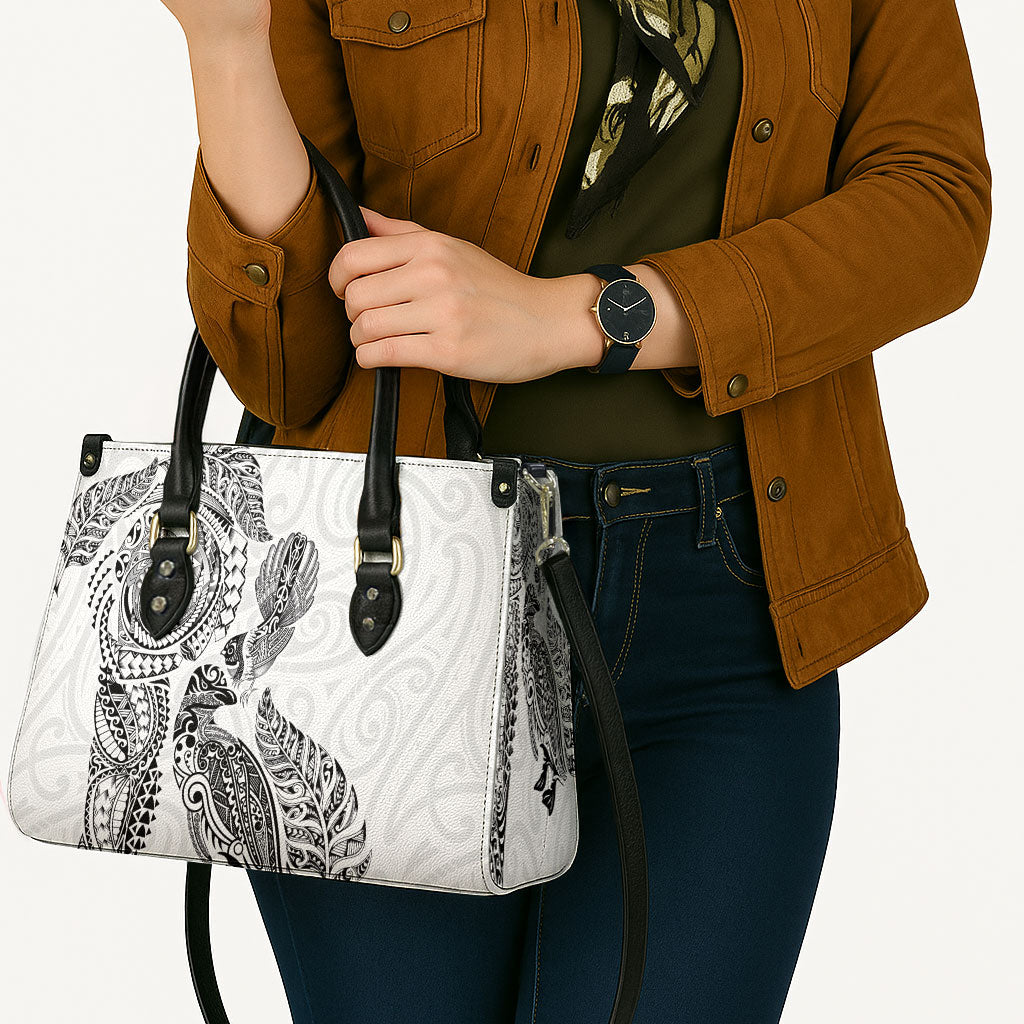 Aotearoa Moko Tribal Tattoo Leather Bag New Zealand Maori Penguin and Fantail White Color