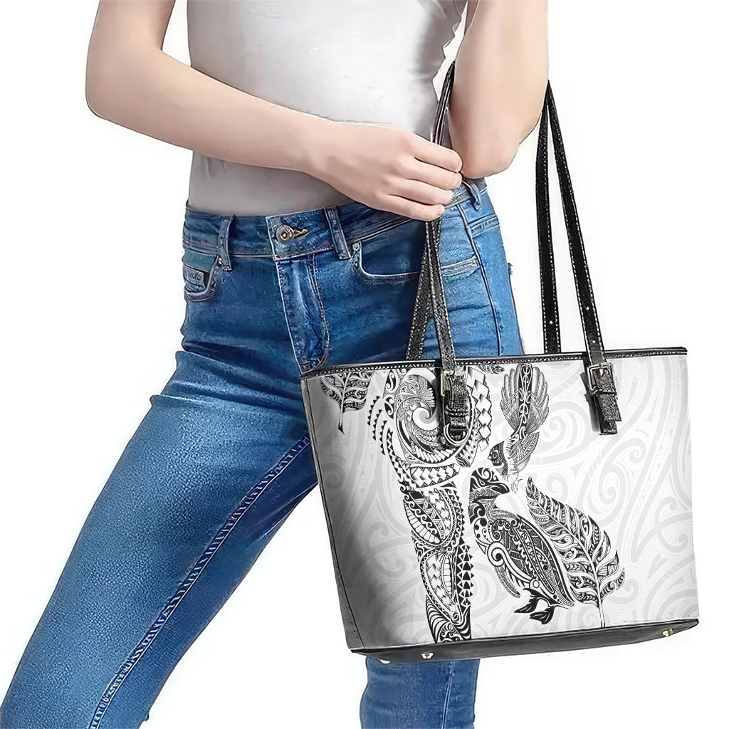 Aotearoa Moko Tribal Tattoo Leather Tote Bag New Zealand Maori Penguin and Fantail White Color