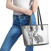 Aotearoa Moko Tribal Tattoo Leather Tote Bag New Zealand Maori Penguin and Fantail White Color
