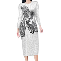 Aotearoa Moko Tribal Tattoo Long Sleeve Bodycon Dress New Zealand Maori Penguin and Fantail White Color