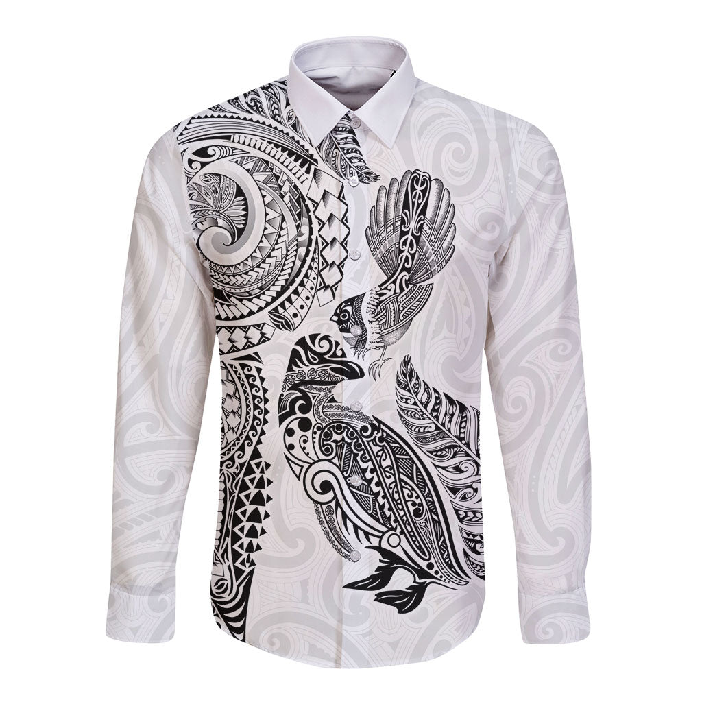Aotearoa Moko Tribal Tattoo Long Sleeve Button Shirt New Zealand Maori Penguin and Fantail White Color