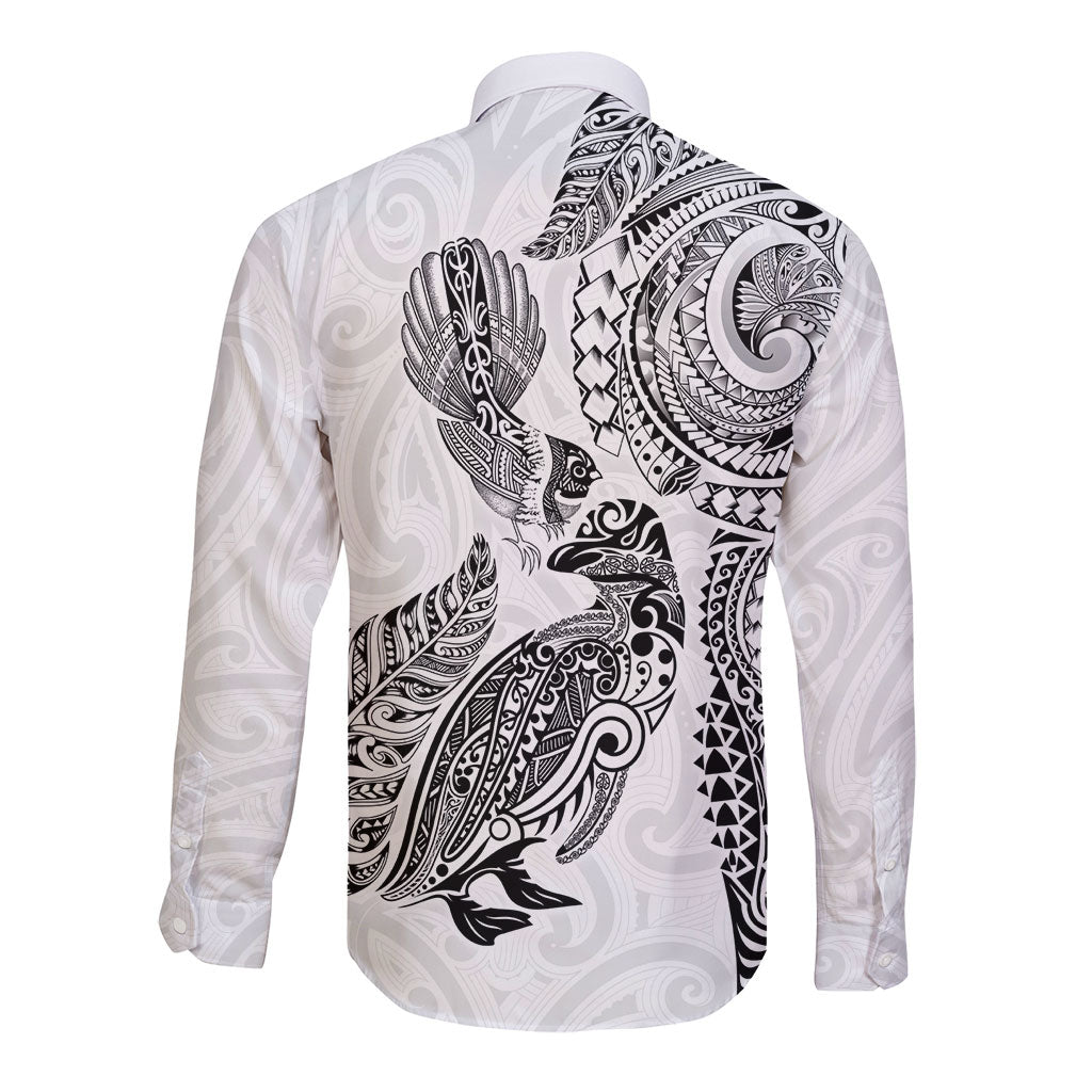 Aotearoa Moko Tribal Tattoo Long Sleeve Button Shirt New Zealand Maori Penguin and Fantail White Color